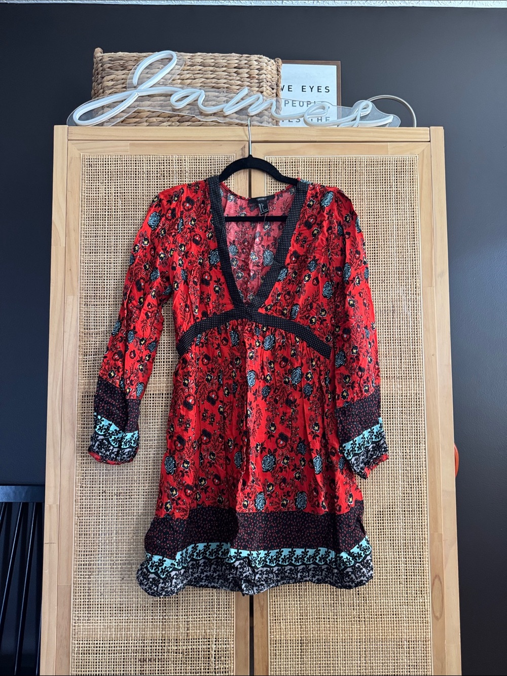 Forever 21 Red Floral Mini Dress with Black Trim